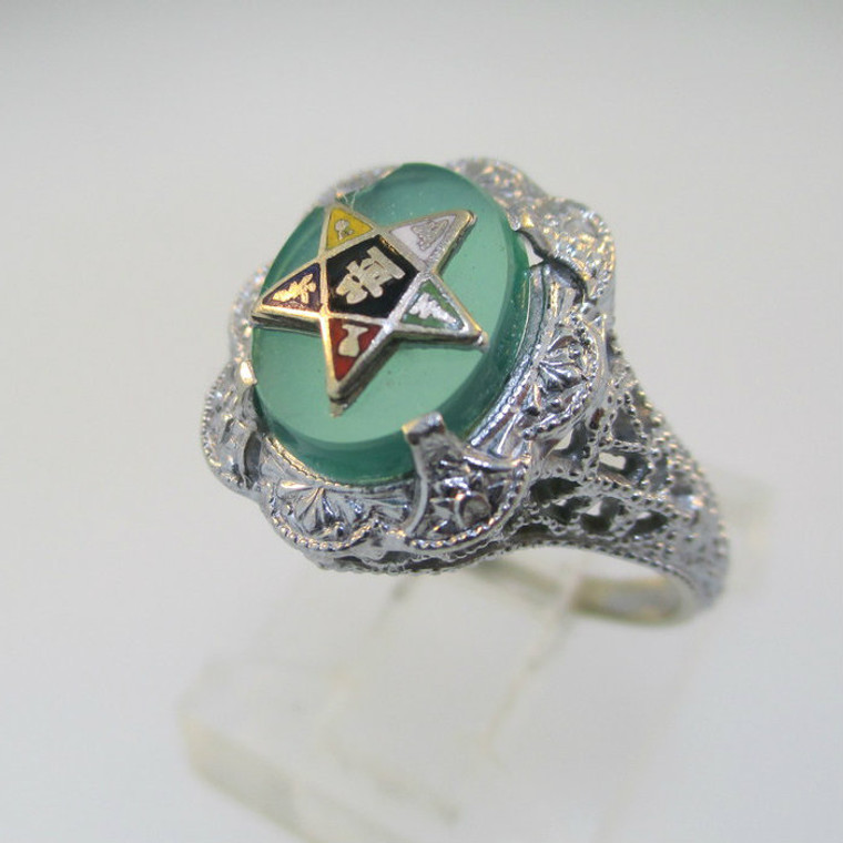 10k White Gold Green Stone Eastern Star Ring Size 4 3/4