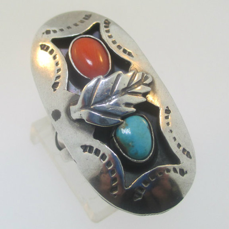 Sterling Silver Turquoise Coral Oval Shape Ring Size 5