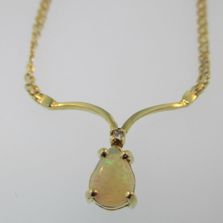 14k Yellow Gold Pear Shaped Natural Opal with Single Cut Diamond Accent Necklace