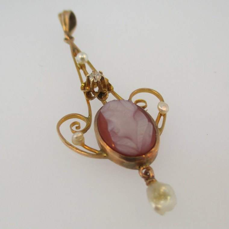 10k Yellow Gold Victorian Edwardian Diamond Lavaliere Cameo Fresh Water and Seed Pearl Pendant