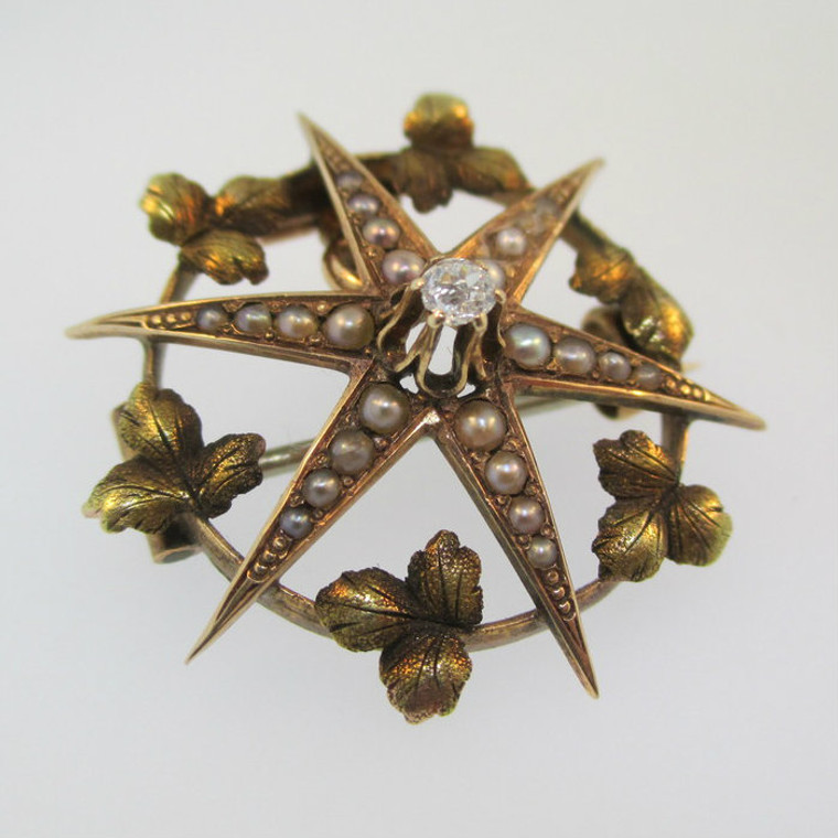 Gold Tone Victorian Star Burst Brooch Pendant with Diamond Center and Seed Pearls