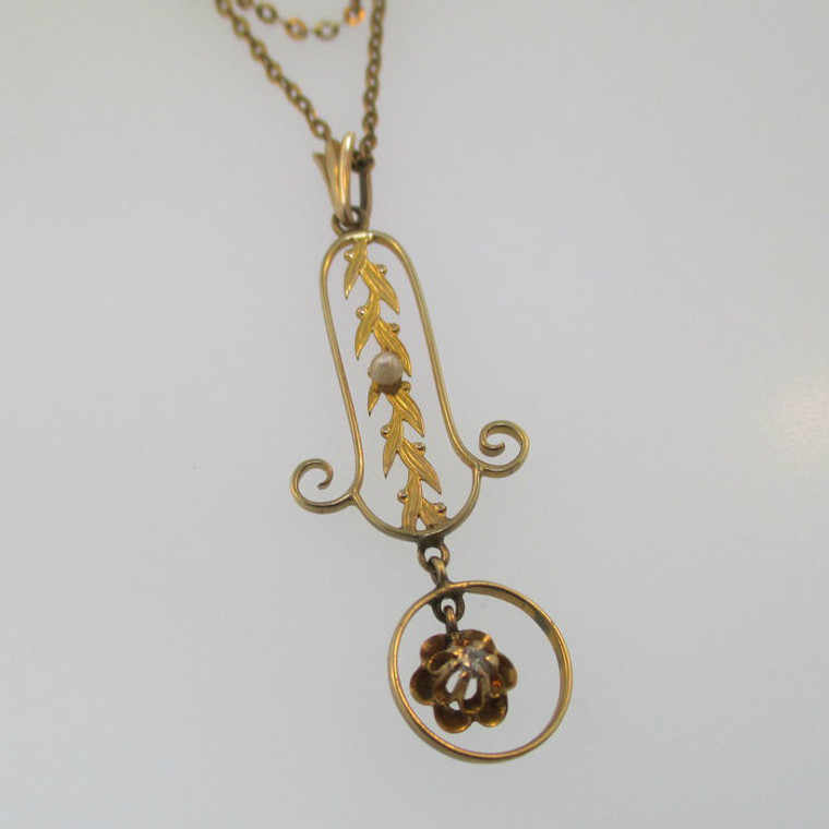 10k Yellow Gold Victorian Antique Edwardian Lavaliere Diamond and Seed Pearl Pendant Necklace