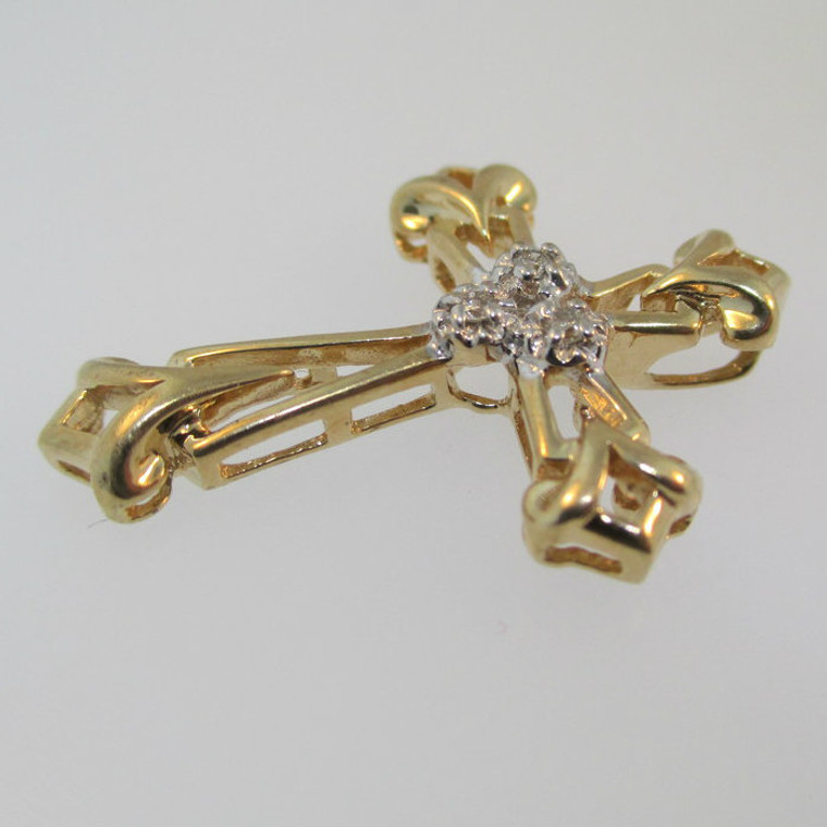 10k Yellow Gold Religious Cross with Diamond and White Gold Accents