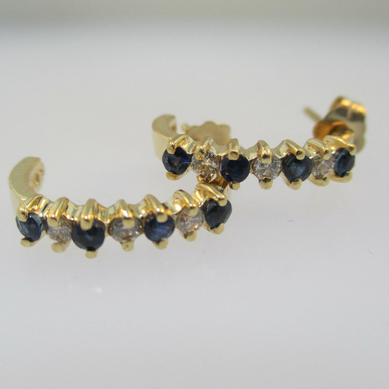 14k Yellow Gold Sapphire and Diamond Hoop Stud Earrings