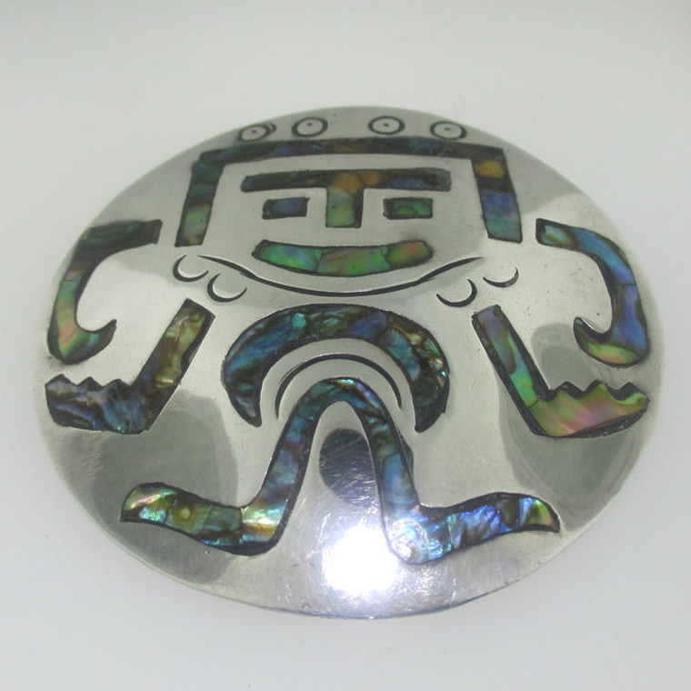 Mexico Taxco Sterling Silver Inlay Abalone Mayan Aztec Tribal Pin Brooch or Pendant