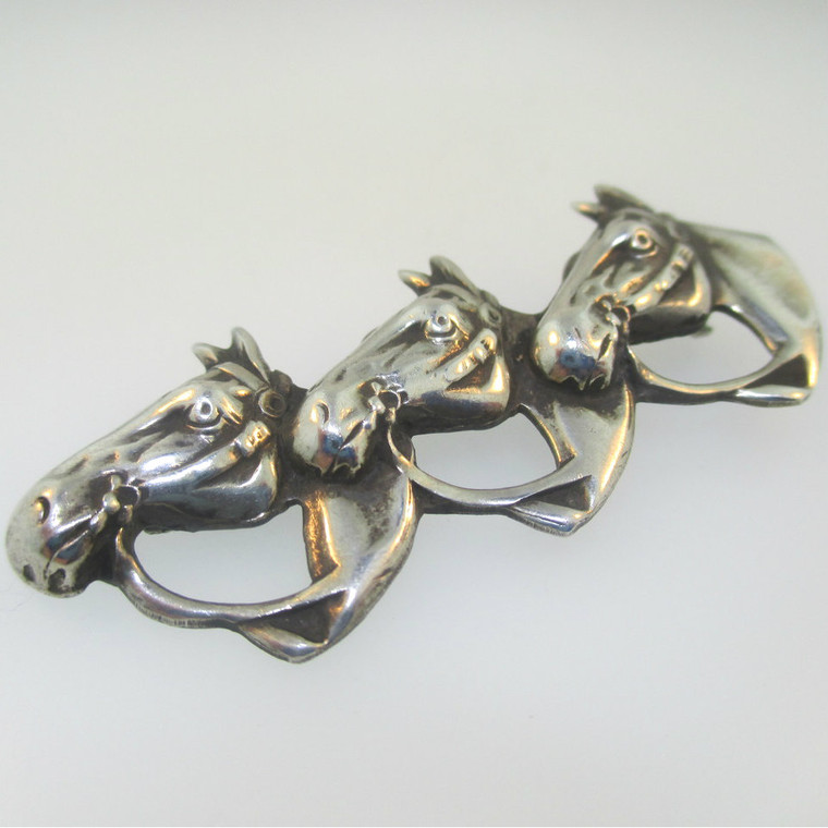 Sterling Silver Three Horse Heads Pin Brooch 