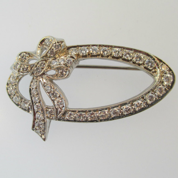 Antique Art Nouveau Estate 14k White Gold Approx 1.50ct TW Diamond Ribbon Oval Bow Brooch Pin