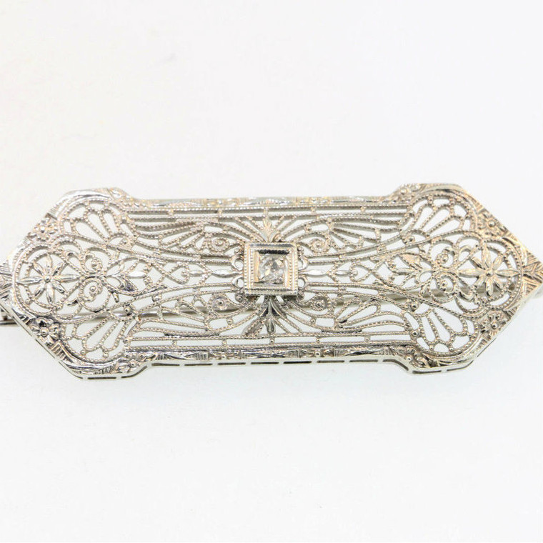 Antique 10k White Gold Art Nouveau Filigree Bar Brooch Pin with Diamond Accents