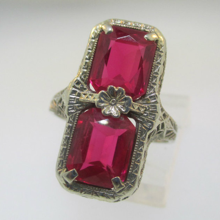 Vintage Art Nouveau 14k White Gold Created Ruby Filigree Ring Size 5