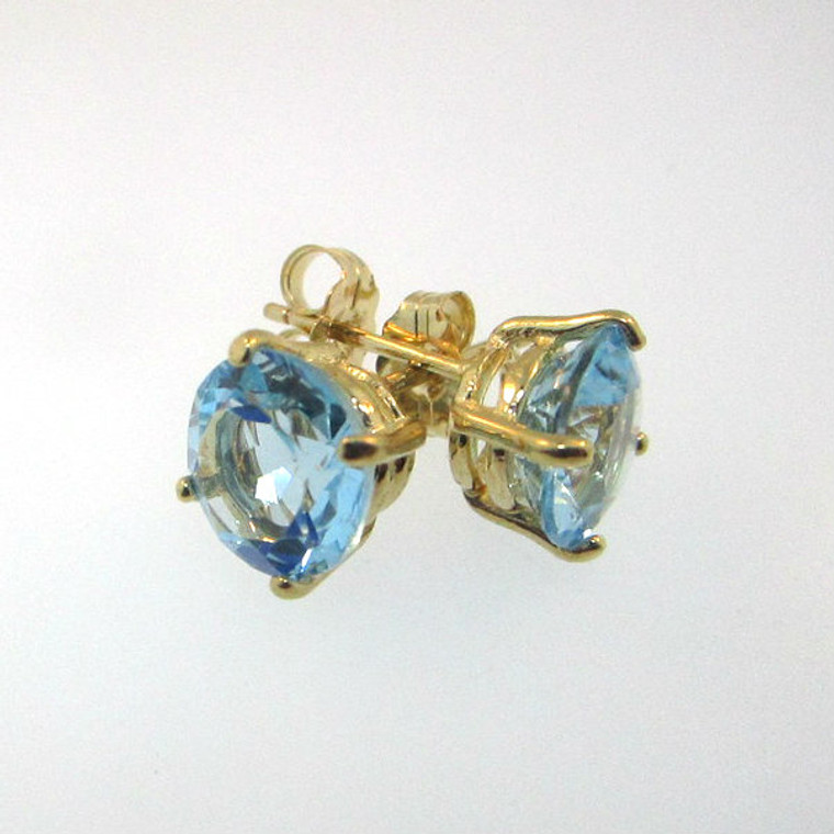 14k Yellow Gold Round Blue Topaz Stud Earrings 