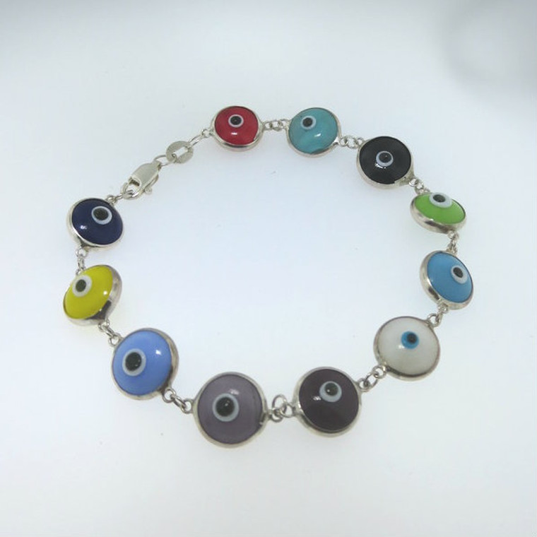 Sterling Modern Multicolored Googly Eye Design Link Bangle Bracelet Unsigned