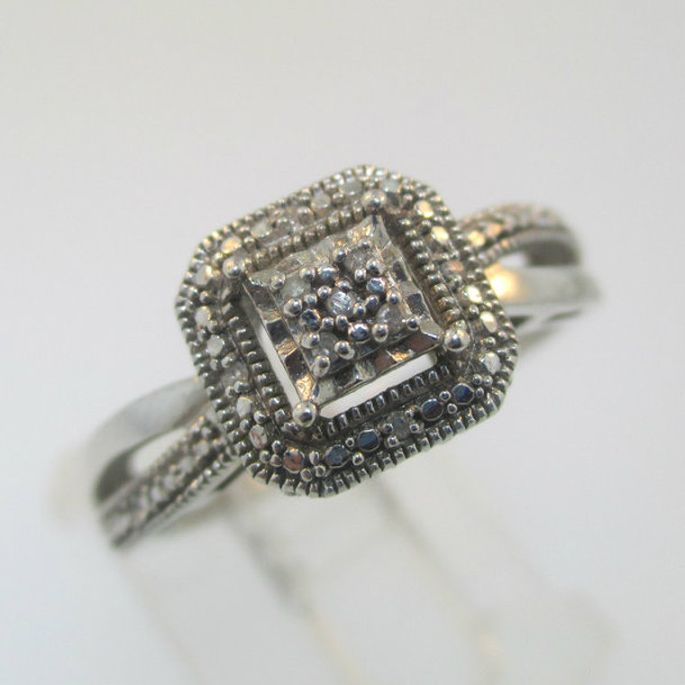 Sterling Silver Square Top Diamond Cluster Halo Ring Size 7