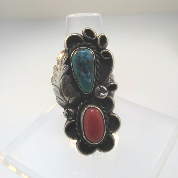 Vtg Sterling Ladies Statement Ring Red Coral Green Turq Stones Unsigned Sz 7.25