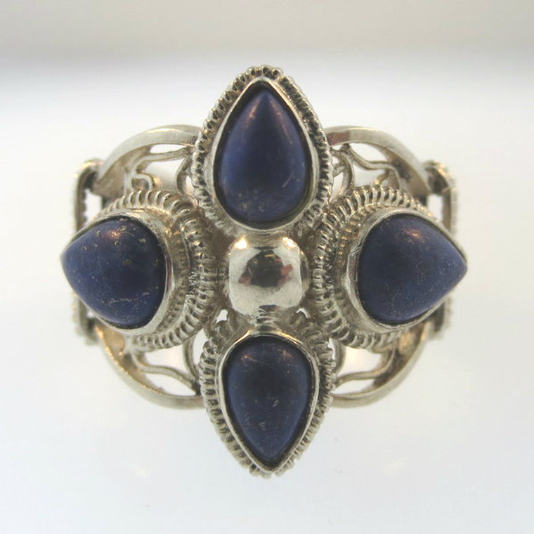 Vtg BJ China Ster Art Nouveau Filigree Scrolled Ring Blue Lapis Stones Size 8.5