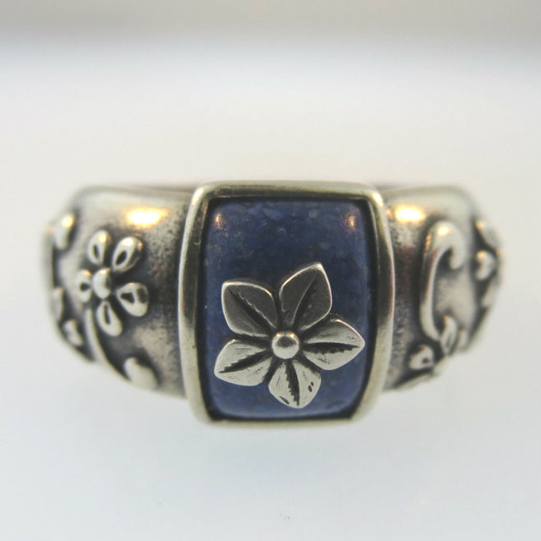 Vtg Sterling Ladies Fashion Ring Floral Detailed Band Lapis Stone Chips Sz 8.75