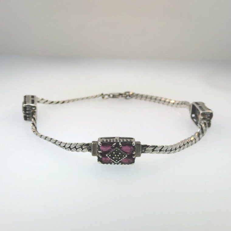 Vtg Sterling JC Flat Chain Bangle Bracelet Rhodolite Garnets & Marcasite Accents