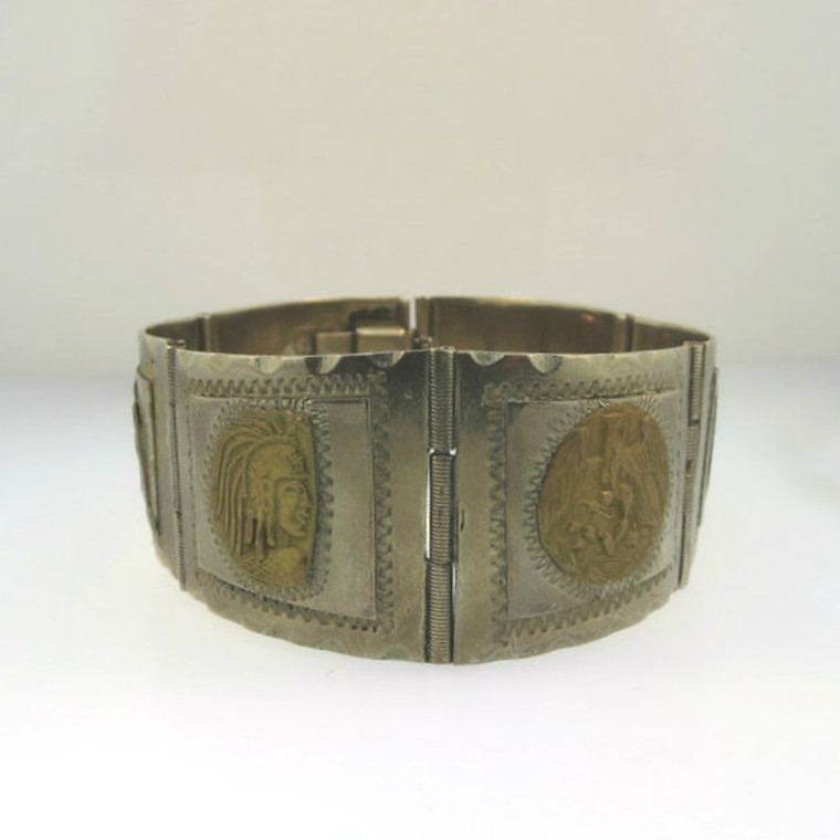 Vtg Sterling Silver 2-Tone Taxco Mexico Hinged Aztec Mayan Symbol Image Bracelet