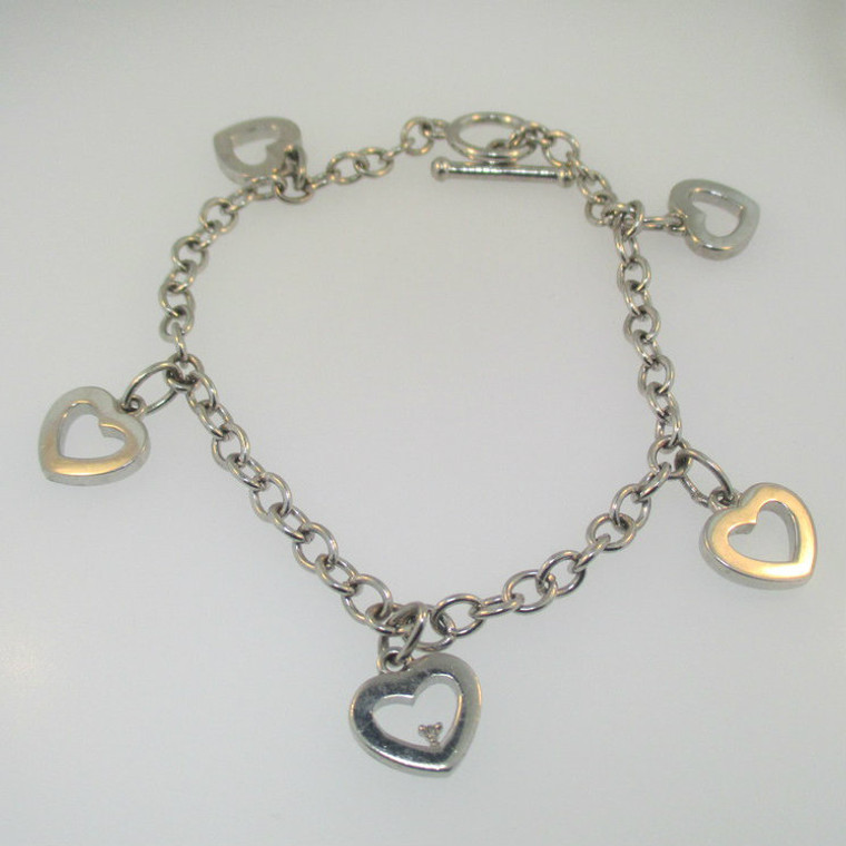 Sterling Silver Diamond Heart Charm Bracelet 7.5"