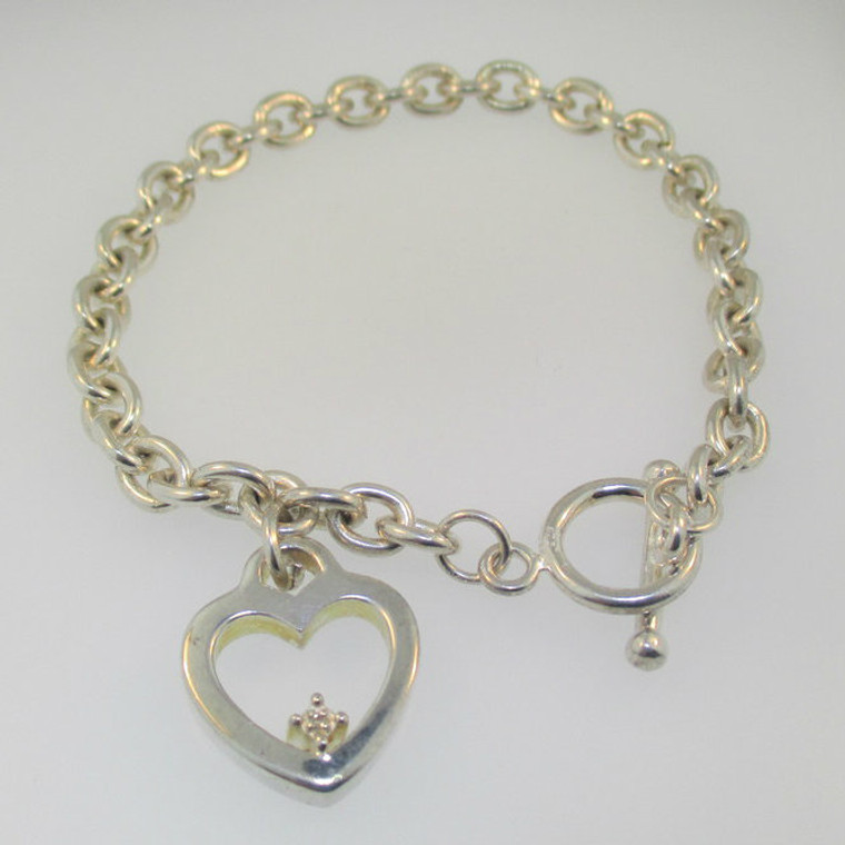 Sterling Silver Single Diamond Heart Charm Bracelet 7.5"