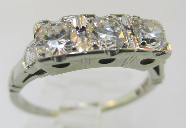 Vintage 1920’s 18k White Gold 3 Approx .25ct European Cut Diamond with 2 Single Cut Diamond Accents. Size 7 ¾