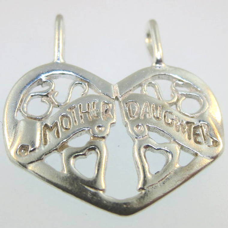 Sterling Silver Signed Cutout Design Double Loop Mother Daughter Heart Pendant