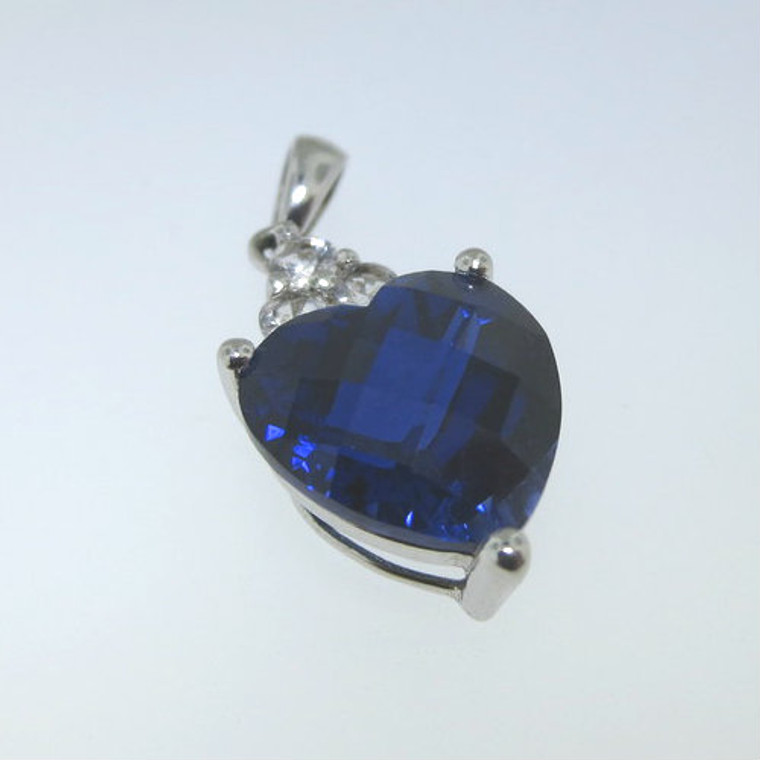 Sterling Silver Signed AD Created Sapphire Blue Stone Heart Pendant w CZ Accents