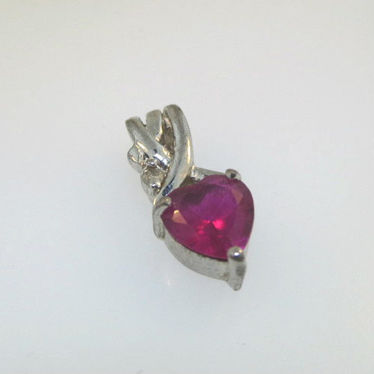 Sterling Silver Signed Synthetic Ruby Red Stone Heart Moissanite Accent Pendant