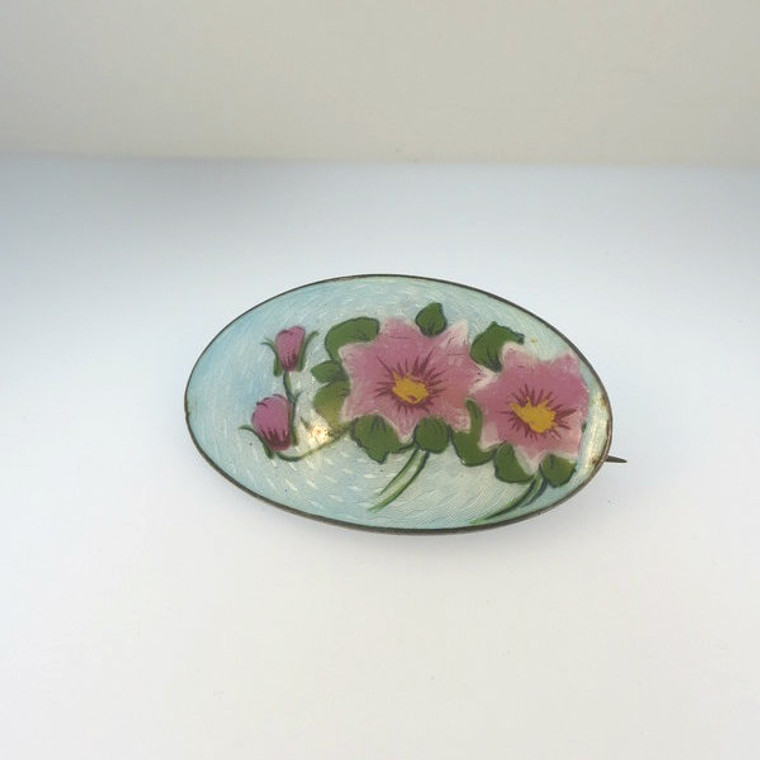 Vintage Old European Silver Enamel Brooch Pin Handpainted Pink Flowers Unsigned