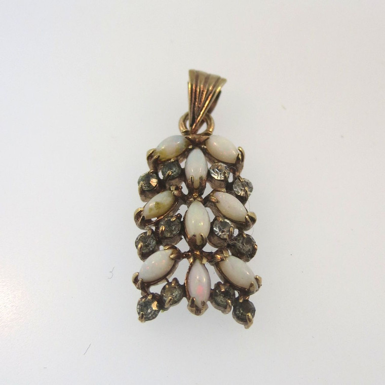 Vtg Gold Filled Synthetic White Fire Opals & Clear Rhinestones Pendant Unmarked