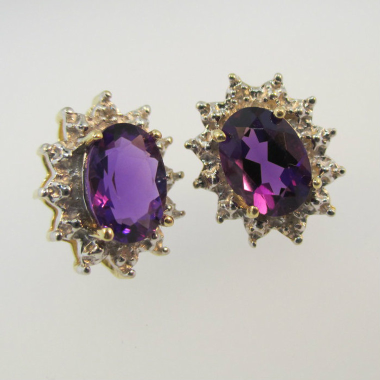 10k Yellow Gold Amethyst Stud Earrings with Diamond Halo Accents