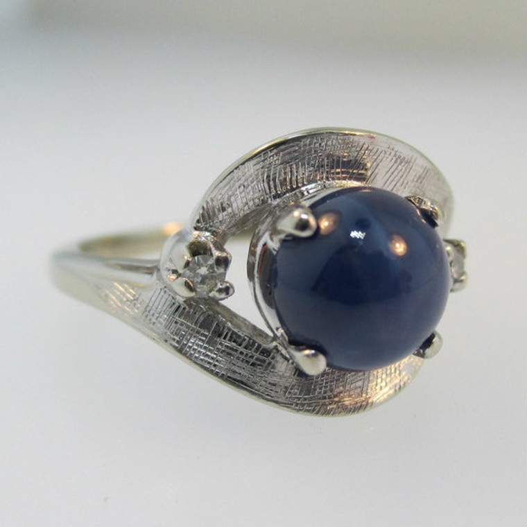 14k White Gold Blue Star Sapphire Ring with Diamond Accents Size 5
