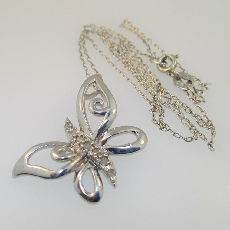 Sterling Silver Butterfly Diamond Necklace 19"