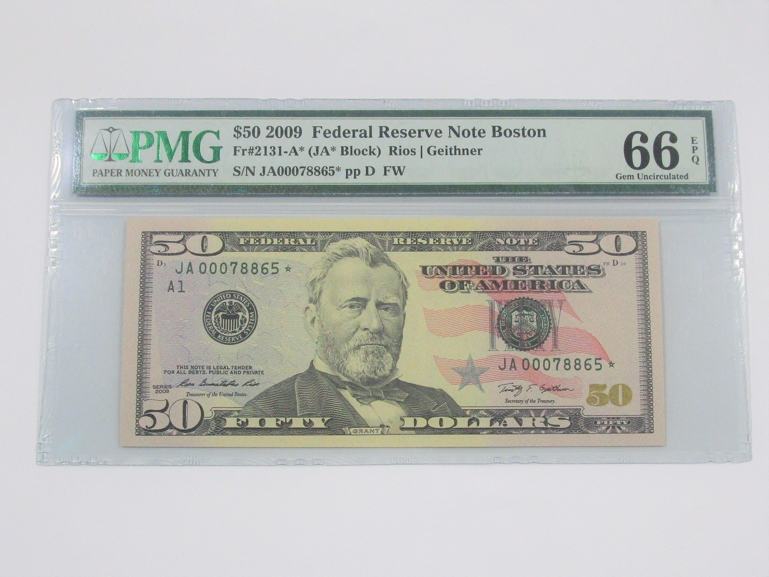 2009 $50 Federal Reserve Star Note Boston Fr#2131-A* PMG 66 Gem Unc