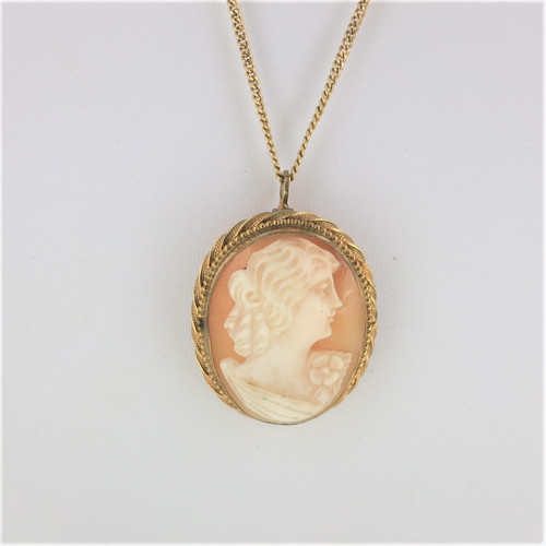 Vintage 12K Gold Filled Rope & Bead Trimmed Cameo Brooch/Necklace