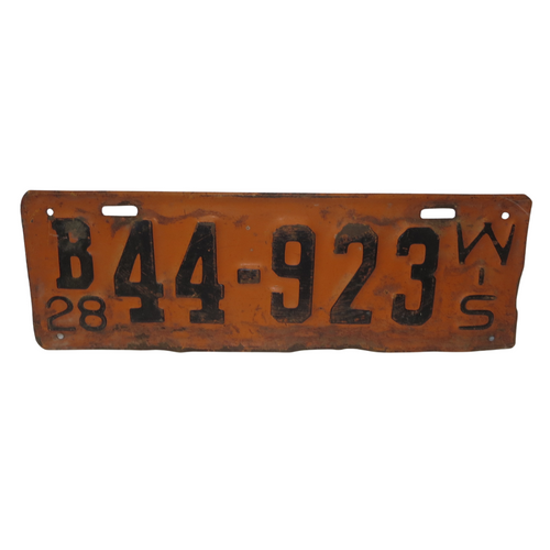 Original 1928 State of Wisconsin Metal License Plate Orange/Black