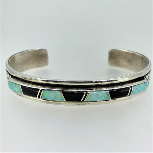 Sterling Silver Opal and Onyx Arnold Maloney Navajo Cuff