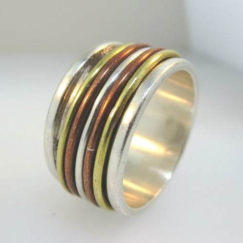 Vtg Sterling Silver 3-Tone Mens Wide Spinner Band Ring Signed Mexico ...