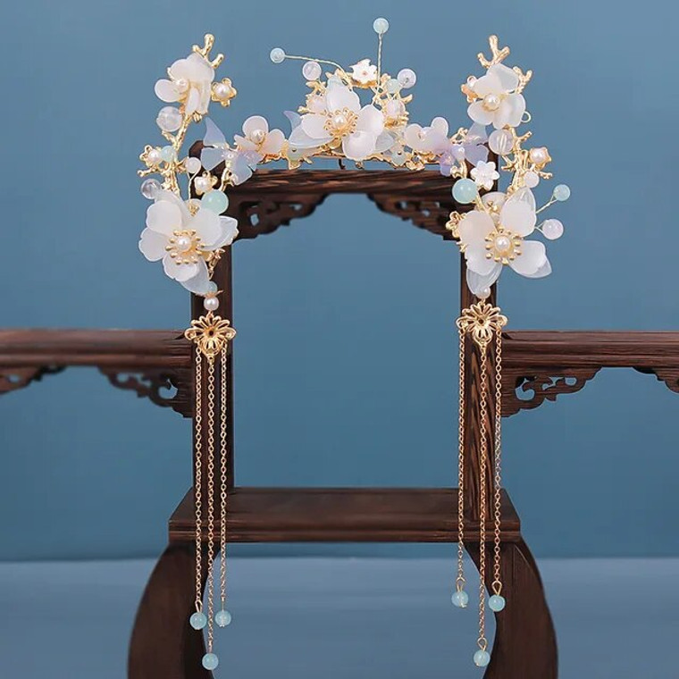 Chinese Haaraccessoire Set - Blauw Witte Bloemen