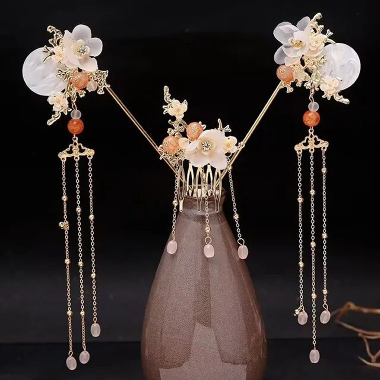 Chinese Haaraccessoire Set - Roze Witte Goud Bloemen