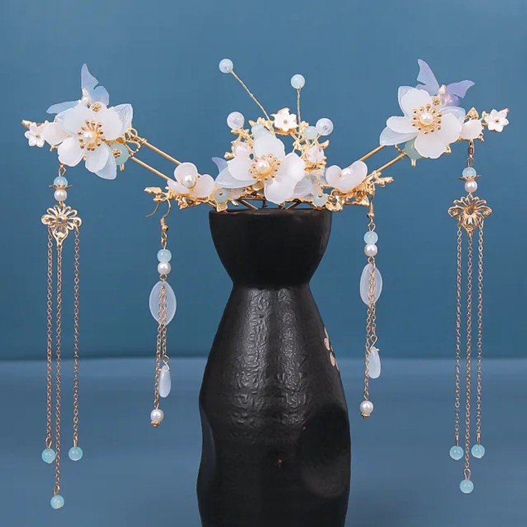 Koop een Chinese Haaraccessoire Set - Goud met Blauwe en Witte Bloemen bij Avothea Store