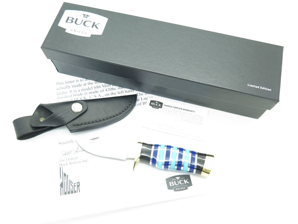 Buck Custom 686 Mini Zipper Vanguard Blue Lucite Fixed Blade Hunting Knife