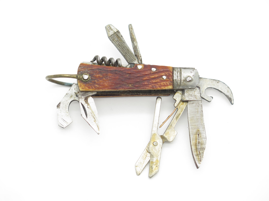 Vtg 1950s Seki Japan Bone Handle Mini Camping Multi Tool Small Hobo