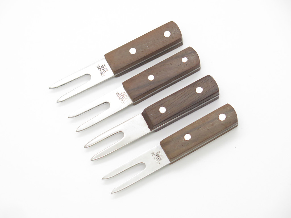 4 Vintage Mid Century Danish Modern Wood Handle Corn Cob Holders Forks