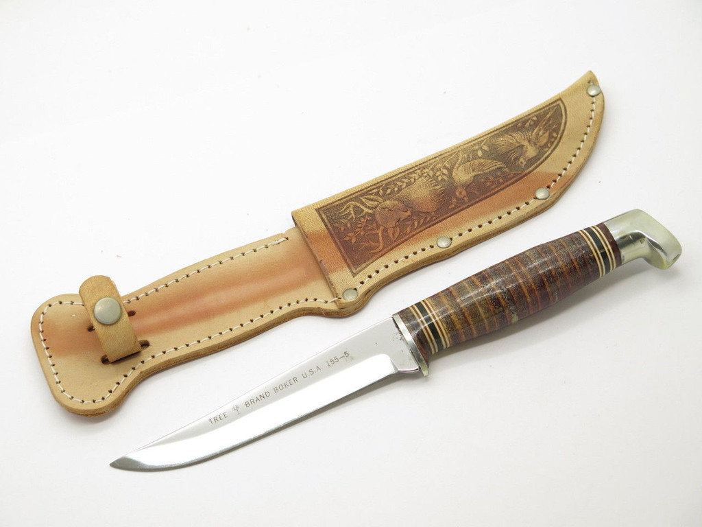Boker USA Tree Brand 1555 Fixed Blade Hunting Knife & Leather Sheath