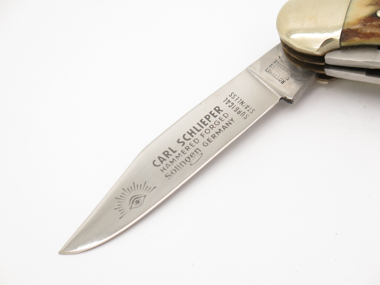Vtg Carl Schlieper Solingen Germany Stag 3 Blade Copperhead