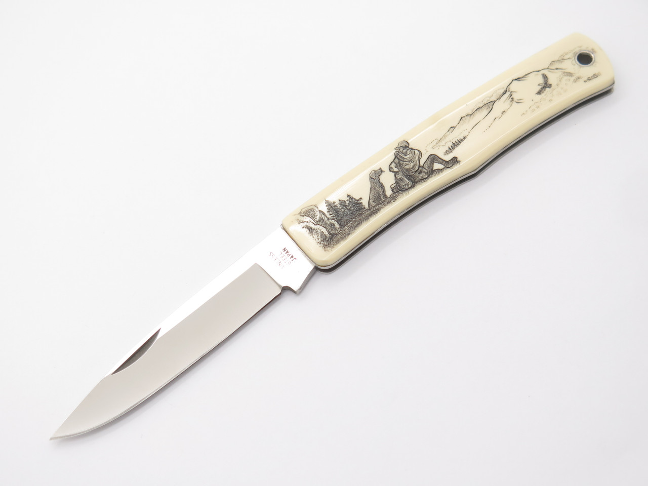 Vintage Explorer G Sakai Seki Japan Hiker & Dog Scrimshaw Folding