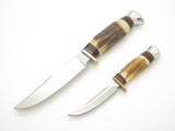 Vintage Linder-Messer Rehwappen Germany Stag Fixed Blade Knife Twin Combo Set