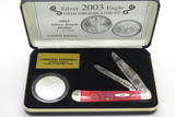 Vintage 2003 Case XX Red Bone Folding Trapper Knife with Silver Eagle Dollar