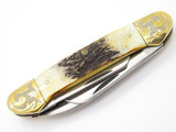 '80 Case XX 5394 Canoe Large 3 Blade Stag Folding Pocket Knife Gold Scroll