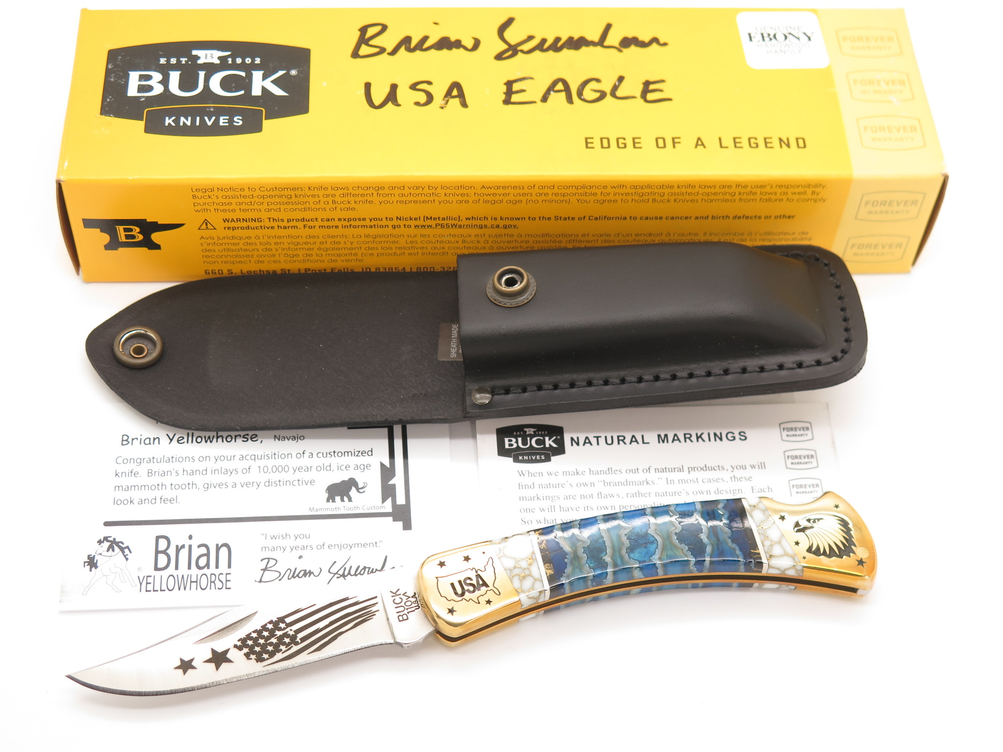 Couteau Pliant Personnalisé Buck 110 Brian Yellowhorse - Scène élan Chasseur, Lame 420HC - Neuf